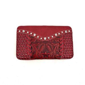 NWOT *Flawed* Red Silver Embossed Beaded Bling Faux Leather Clasp Wallet Clutch